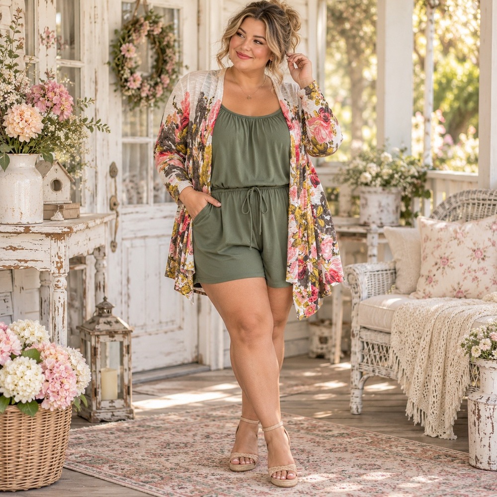 92. XL SET Zenana Green Romper and INC White Floral Open Cardigan - Shabby chic